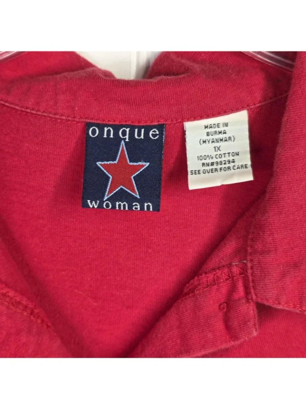 Onque Woman Shirt Womens 1X Red Patriotic Star Embroidered Button Top Casual